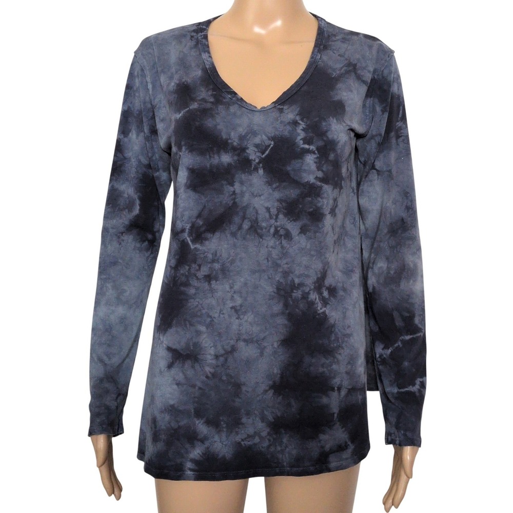 Johnny Was Calme Women's Grey Black Tie Dye V-Neck Long Sleeve Top Small